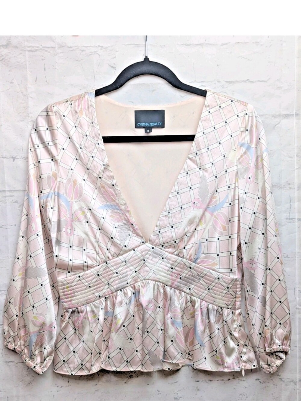 Y2K Cynthia Rowley Womens M Silk Top Metallic Floral Plaid V-Neck Peplum Blouse